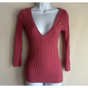 Y2K Hollister Cable Knit Deep V Sweater M Pink Bella Swan Logo Pullover 2000s